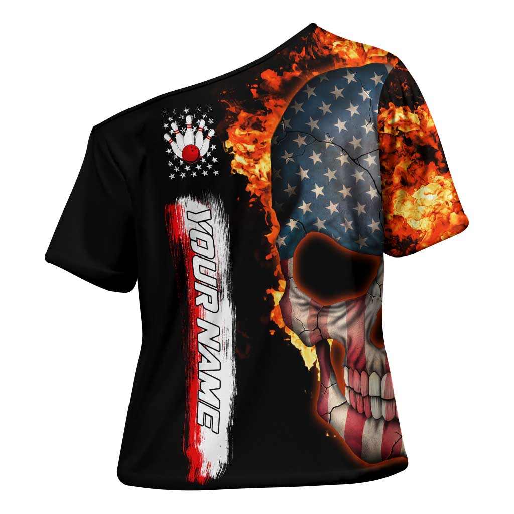 American Flag Skull Design Cross Shoulder Shirt with Bowling Elements and Fire Background with Custom Team Name Text - Wonder Print Shop