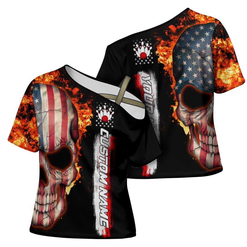 American Flag Skull Design Cross Shoulder Shirt with Bowling Elements and Fire Background with Custom Team Name Text - Wonder Print Shop