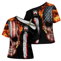 American Flag Skull Design Cross Shoulder Shirt with Bowling Elements and Fire Background with Custom Team Name Text - Wonder Print Shop