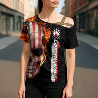 American Flag Skull Design Cross Shoulder Shirt with Bowling Elements and Fire Background with Custom Team Name Text - Wonder Print Shop