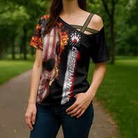 American Flag Skull Design Cross Shoulder Shirt with Bowling Elements and Fire Background with Custom Team Name Text - Wonder Print Shop
