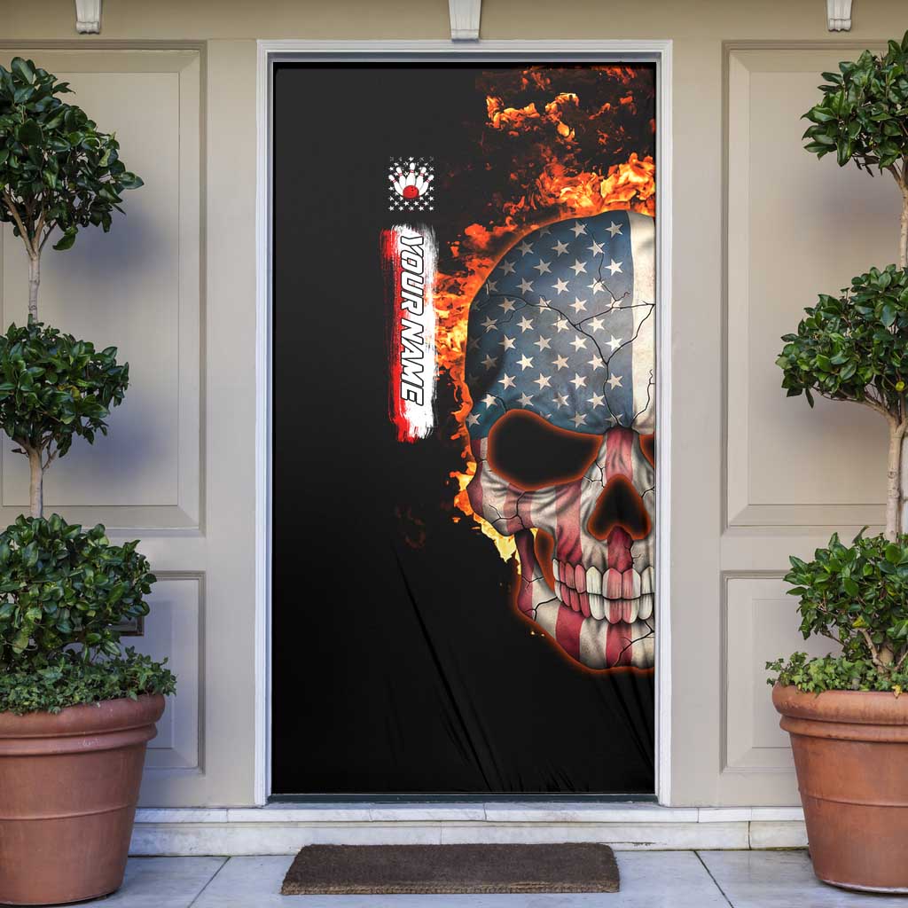 American Flag Skull Design Door Cover with Bowling Elements and Fire Background with Custom Team Name Text - Wonder Print Shop