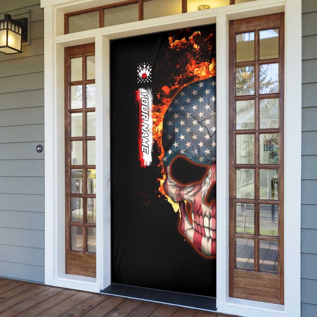 American Flag Skull Design Door Cover with Bowling Elements and Fire Background with Custom Team Name Text - Wonder Print Shop