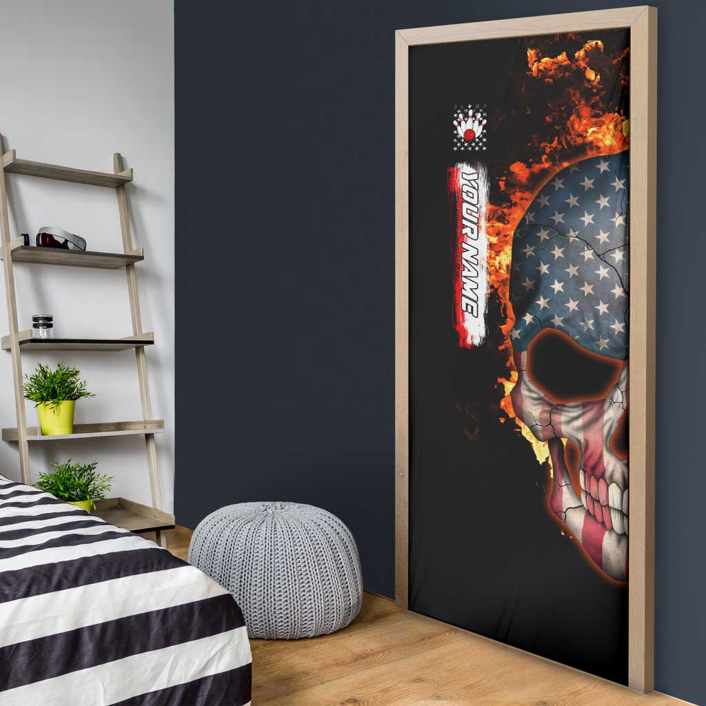 American Flag Skull Design Door Cover with Bowling Elements and Fire Background with Custom Team Name Text - Wonder Print Shop