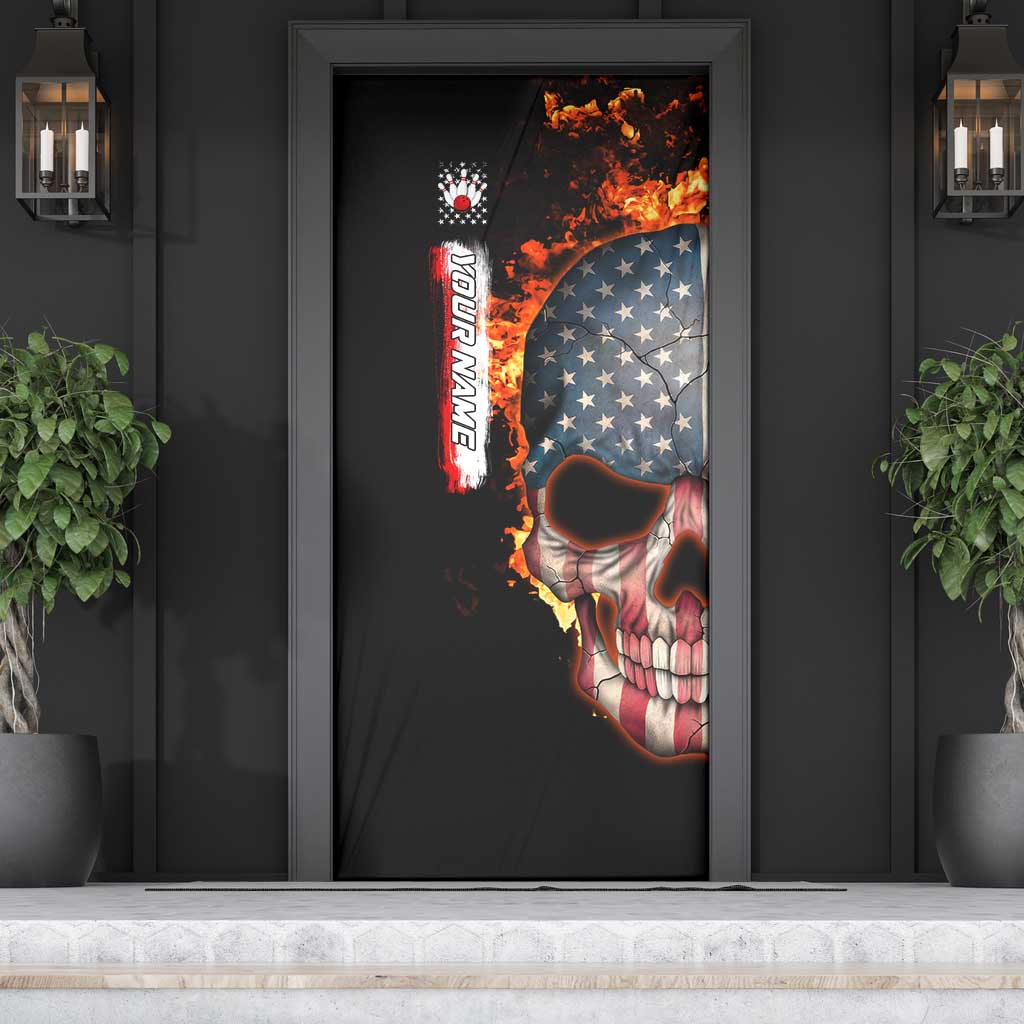American Flag Skull Design Door Cover with Bowling Elements and Fire Background with Custom Team Name Text - Wonder Print Shop