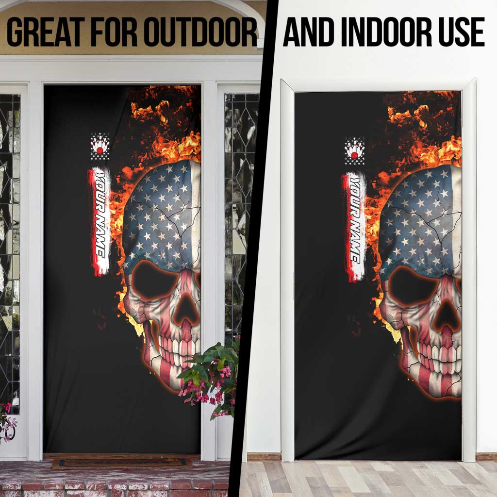 American Flag Skull Design Door Cover with Bowling Elements and Fire Background with Custom Team Name Text - Wonder Print Shop