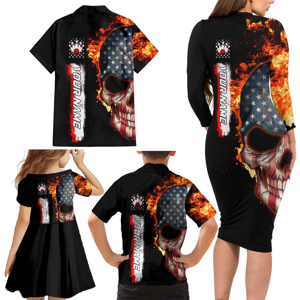 American Flag Skull Design Family Matching Long Sleeve Bodycon Dress and Hawaiian Shirt with Bowling Elements and Fire Background with Custom Team Name Text - Wonder Print Shop