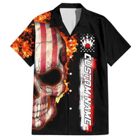 American Flag Skull Design Family Matching Long Sleeve Bodycon Dress and Hawaiian Shirt with Bowling Elements and Fire Background with Custom Team Name Text - Wonder Print Shop