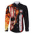 American Flag Skull Design Family Matching Long Sleeve Bodycon Dress and Hawaiian Shirt with Bowling Elements and Fire Background with Custom Team Name Text - Wonder Print Shop
