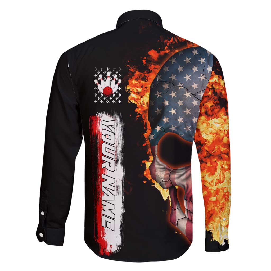 American Flag Skull Design Family Matching Long Sleeve Bodycon Dress and Hawaiian Shirt with Bowling Elements and Fire Background with Custom Team Name Text - Wonder Print Shop