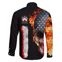 American Flag Skull Design Family Matching Long Sleeve Bodycon Dress and Hawaiian Shirt with Bowling Elements and Fire Background with Custom Team Name Text - Wonder Print Shop
