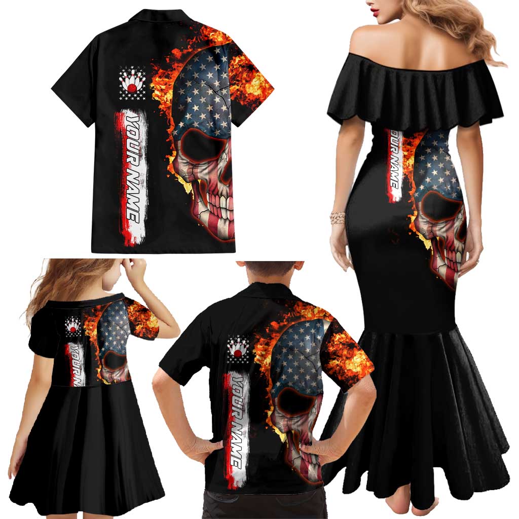 American Flag Skull Design Family Matching Mermaid Dress and Hawaiian Shirt with Bowling Elements and Fire Background with Custom Team Name Text - Wonder Print Shop