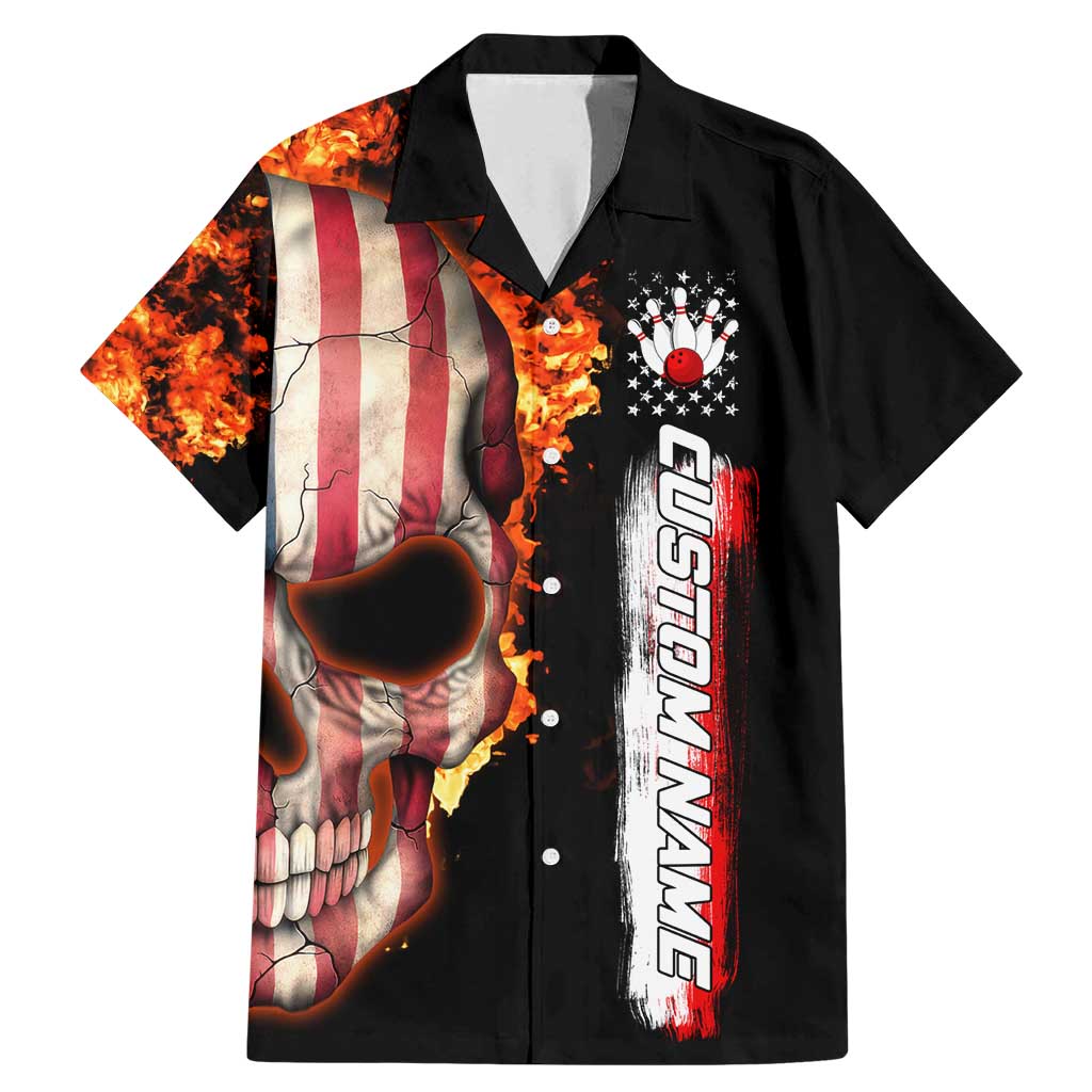 American Flag Skull Design Family Matching Mermaid Dress and Hawaiian Shirt with Bowling Elements and Fire Background with Custom Team Name Text - Wonder Print Shop