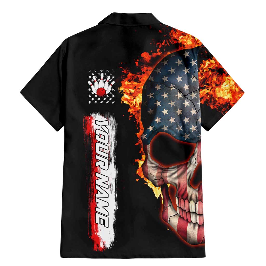 American Flag Skull Design Family Matching Mermaid Dress and Hawaiian Shirt with Bowling Elements and Fire Background with Custom Team Name Text - Wonder Print Shop