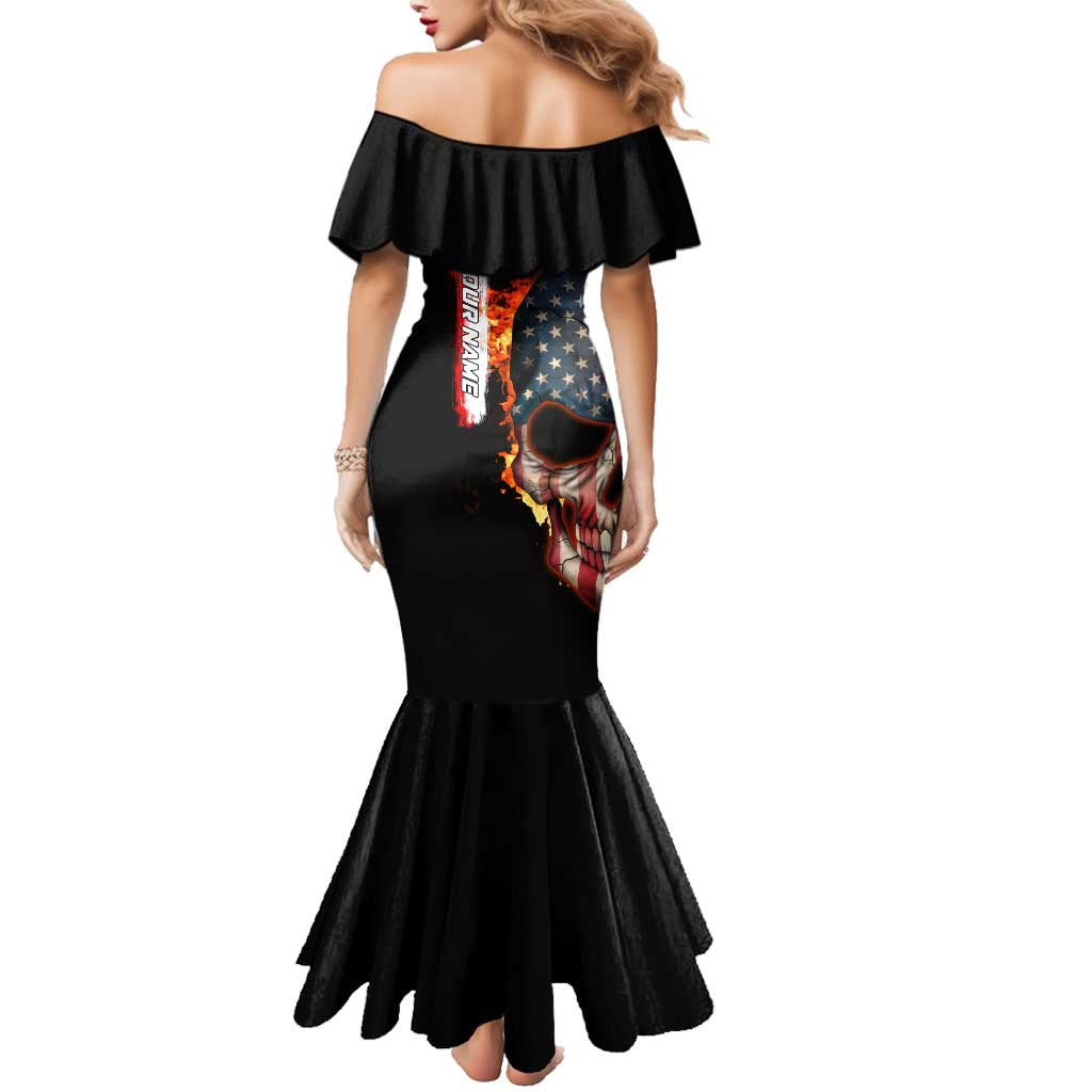 American Flag Skull Design Family Matching Mermaid Dress and Hawaiian Shirt with Bowling Elements and Fire Background with Custom Team Name Text - Wonder Print Shop