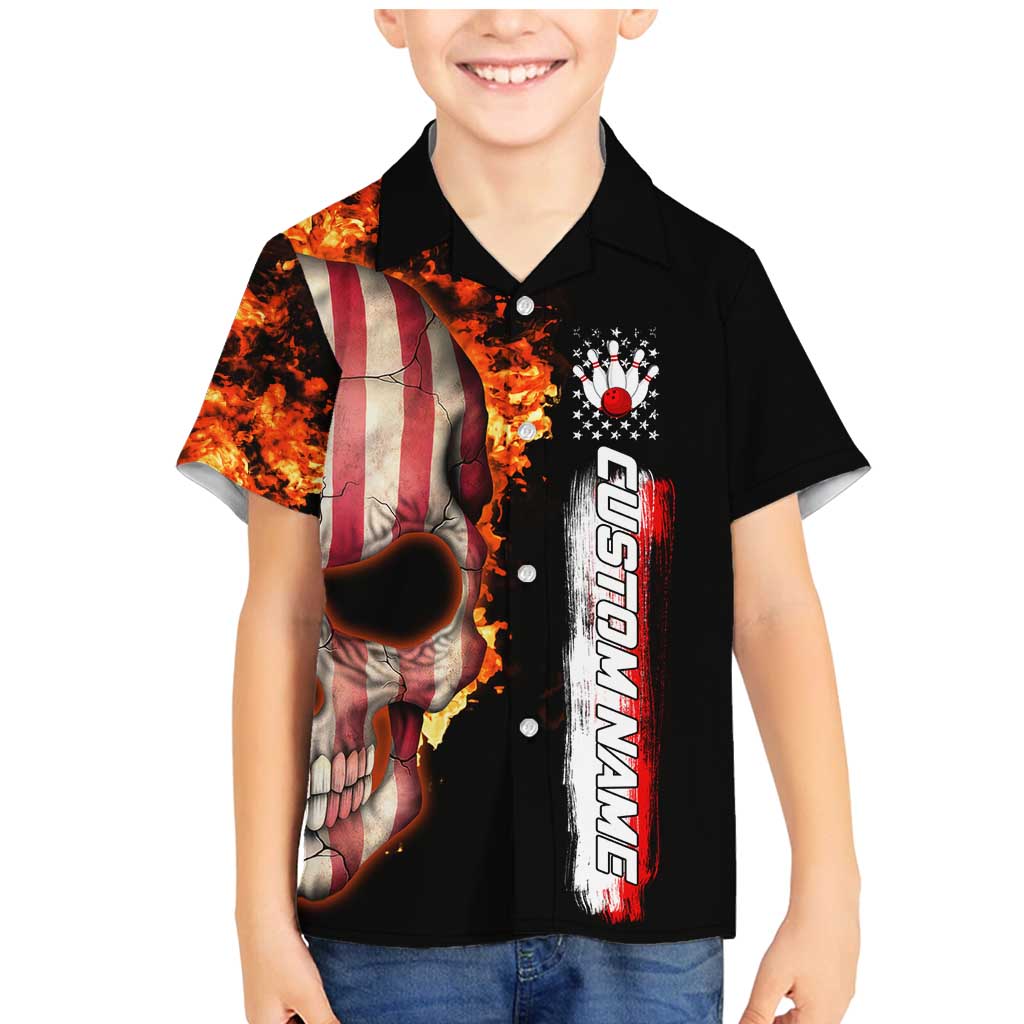 American Flag Skull Design Family Matching Mermaid Dress and Hawaiian Shirt with Bowling Elements and Fire Background with Custom Team Name Text - Wonder Print Shop