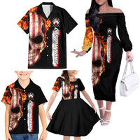 American Flag Skull Design Family Matching Off The Shoulder Long Sleeve Dress and Hawaiian Shirt with Bowling Elements and Fire Background with Custom Team Name Text - Wonder Print Shop