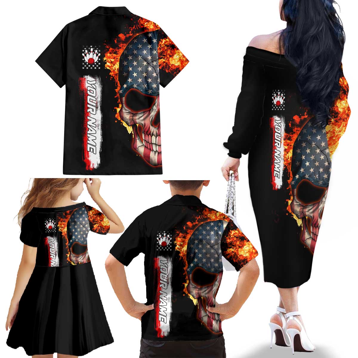 American Flag Skull Design Family Matching Off The Shoulder Long Sleeve Dress and Hawaiian Shirt with Bowling Elements and Fire Background with Custom Team Name Text - Wonder Print Shop