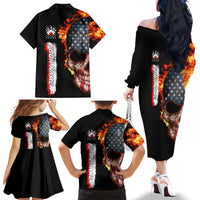 American Flag Skull Design Family Matching Off The Shoulder Long Sleeve Dress and Hawaiian Shirt with Bowling Elements and Fire Background with Custom Team Name Text - Wonder Print Shop