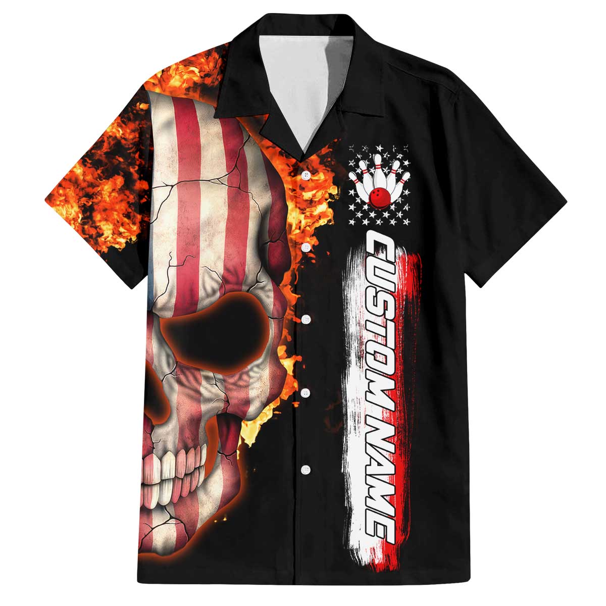 American Flag Skull Design Family Matching Off The Shoulder Long Sleeve Dress and Hawaiian Shirt with Bowling Elements and Fire Background with Custom Team Name Text - Wonder Print Shop