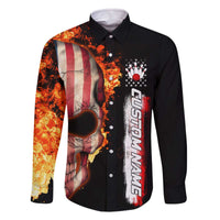 American Flag Skull Design Family Matching Off The Shoulder Long Sleeve Dress and Hawaiian Shirt with Bowling Elements and Fire Background with Custom Team Name Text - Wonder Print Shop