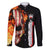 American Flag Skull Design Family Matching Off The Shoulder Long Sleeve Dress and Hawaiian Shirt with Bowling Elements and Fire Background with Custom Team Name Text - Wonder Print Shop