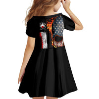 American Flag Skull Design Family Matching Off Shoulder Maxi Dress and Hawaiian Shirt with Bowling Elements and Fire Background with Custom Team Name Text - Wonder Print Shop