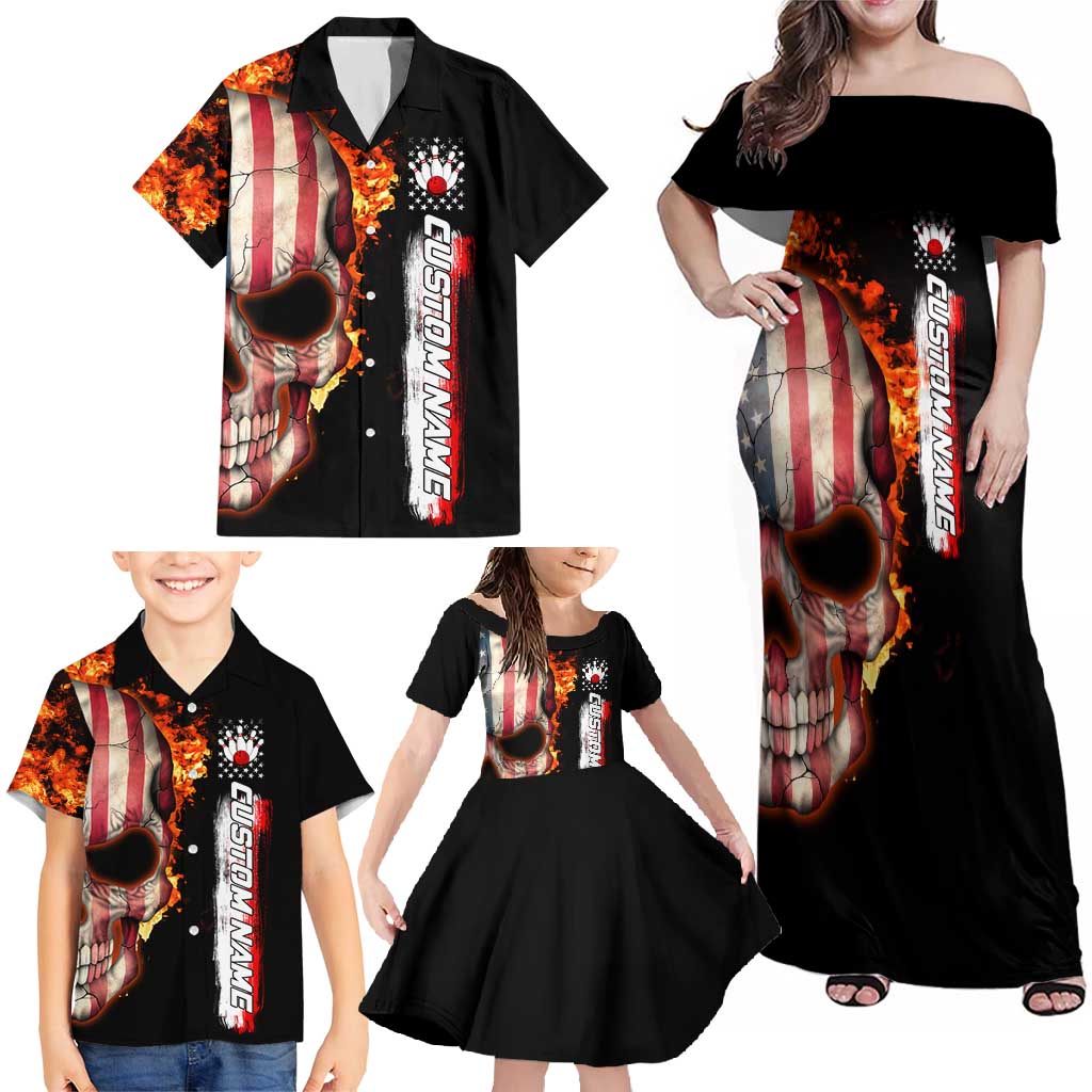 American Flag Skull Design Family Matching Off Shoulder Maxi Dress and Hawaiian Shirt with Bowling Elements and Fire Background with Custom Team Name Text - Wonder Print Shop