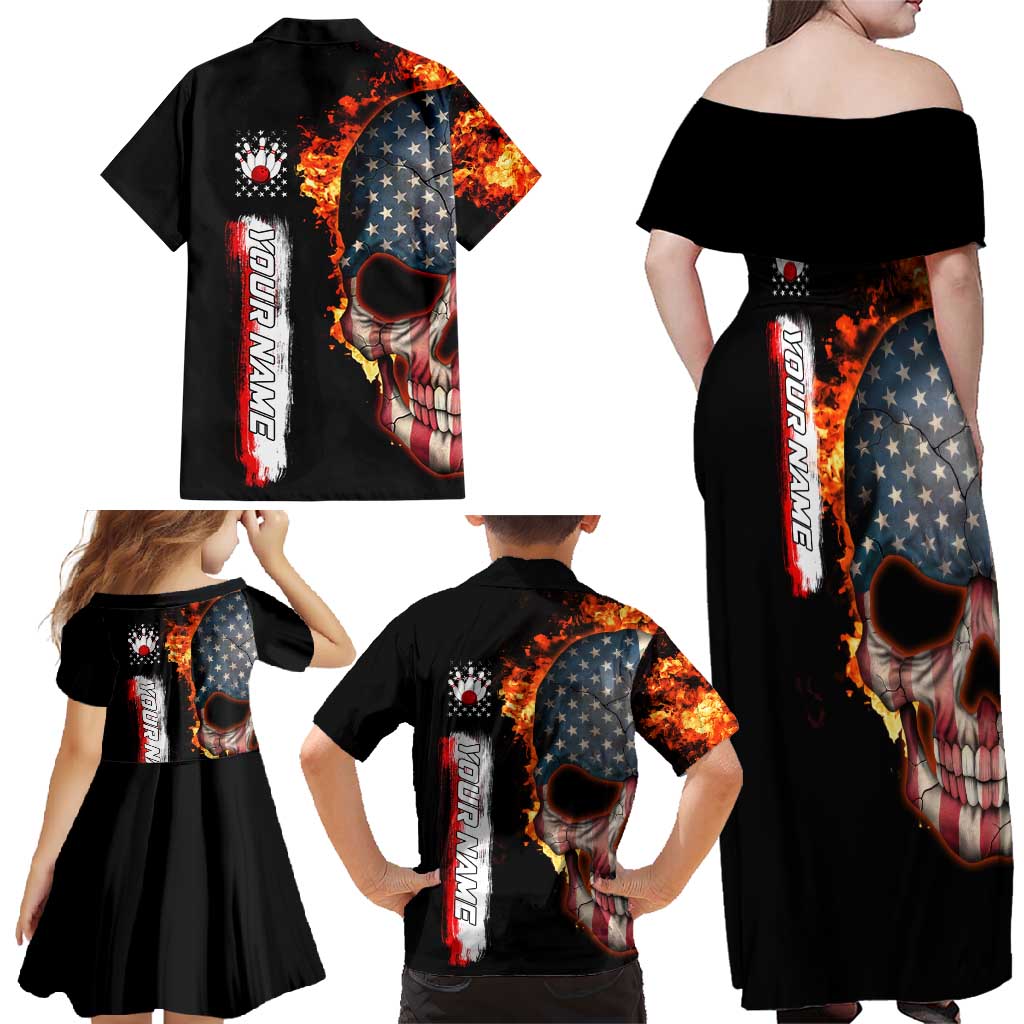 American Flag Skull Design Family Matching Off Shoulder Maxi Dress and Hawaiian Shirt with Bowling Elements and Fire Background with Custom Team Name Text - Wonder Print Shop