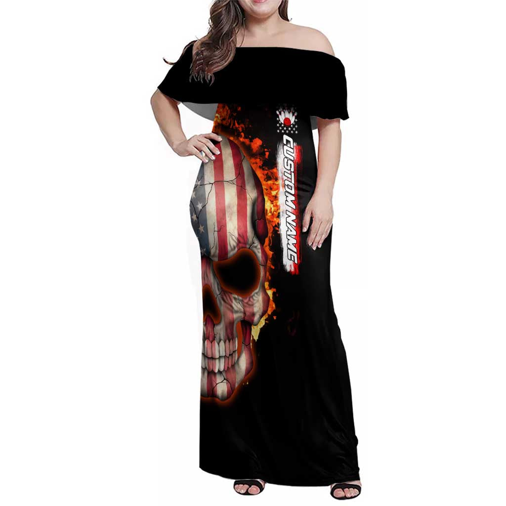 American Flag Skull Design Family Matching Off Shoulder Maxi Dress and Hawaiian Shirt with Bowling Elements and Fire Background with Custom Team Name Text - Wonder Print Shop