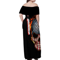 American Flag Skull Design Family Matching Off Shoulder Maxi Dress and Hawaiian Shirt with Bowling Elements and Fire Background with Custom Team Name Text - Wonder Print Shop