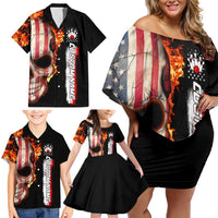 American Flag Skull Design Family Matching Off Shoulder Short Dress and Hawaiian Shirt with Bowling Elements and Fire Background with Custom Team Name Text - Wonder Print Shop
