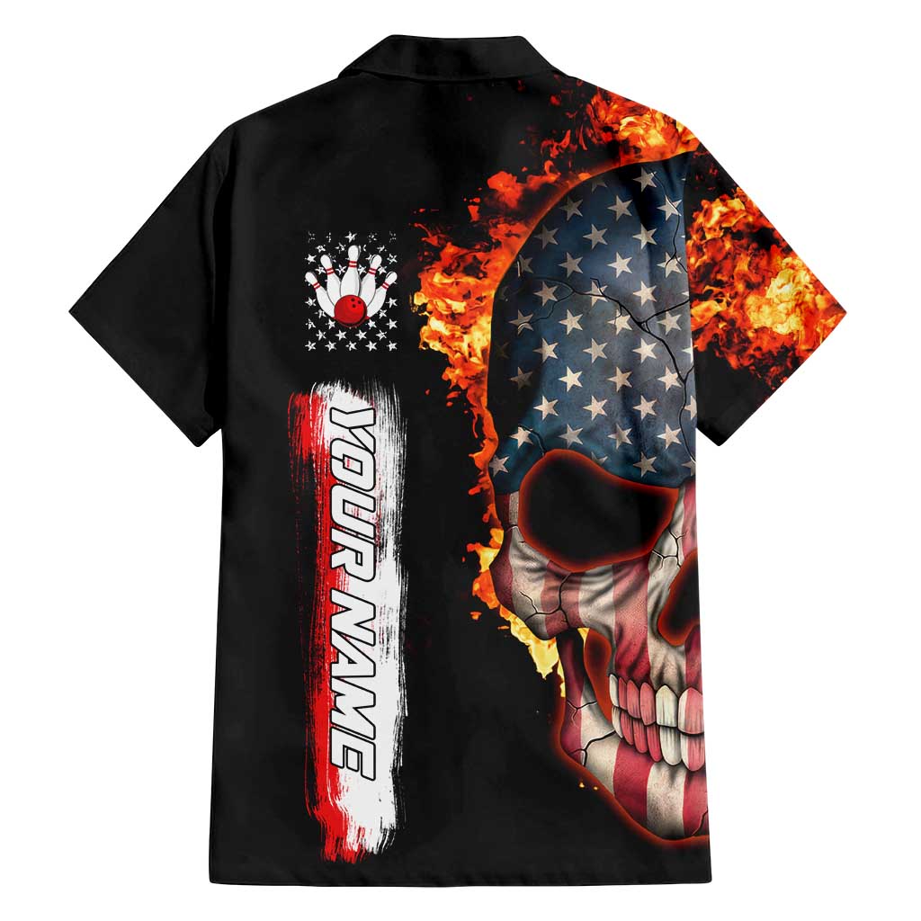 American Flag Skull Design Family Matching Off Shoulder Short Dress and Hawaiian Shirt with Bowling Elements and Fire Background with Custom Team Name Text - Wonder Print Shop