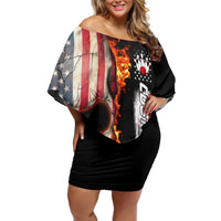 American Flag Skull Design Family Matching Off Shoulder Short Dress and Hawaiian Shirt with Bowling Elements and Fire Background with Custom Team Name Text - Wonder Print Shop