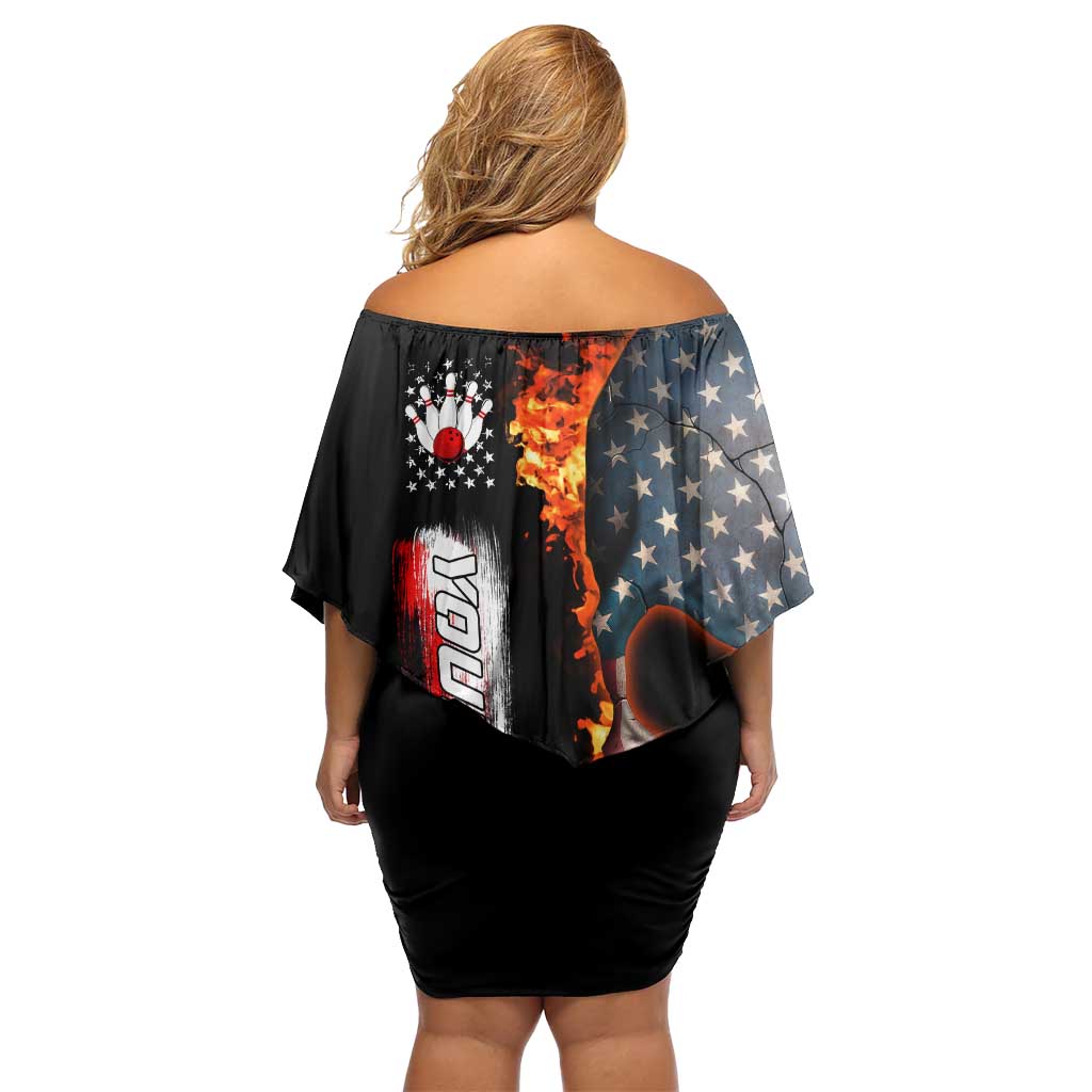 American Flag Skull Design Family Matching Off Shoulder Short Dress and Hawaiian Shirt with Bowling Elements and Fire Background with Custom Team Name Text - Wonder Print Shop