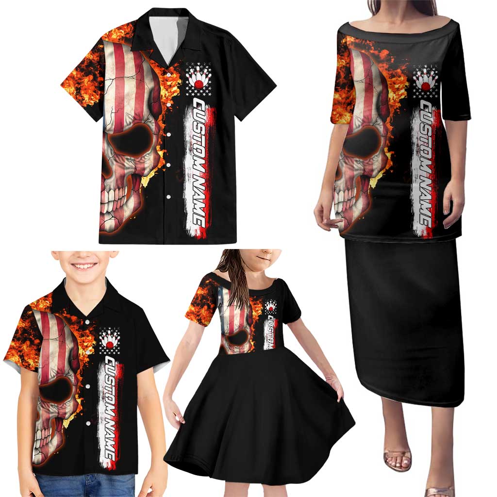 American Flag Skull Design Family Matching Puletasi and Hawaiian Shirt with Bowling Elements and Fire Background with Custom Team Name Text - Wonder Print Shop
