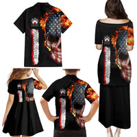American Flag Skull Design Family Matching Puletasi and Hawaiian Shirt with Bowling Elements and Fire Background with Custom Team Name Text - Wonder Print Shop