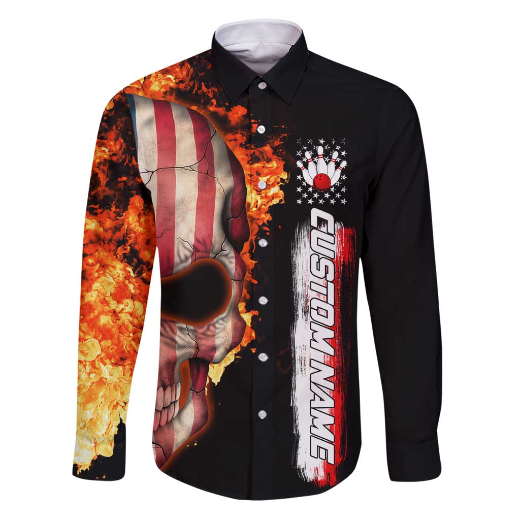 American Flag Skull Design Family Matching Puletasi and Hawaiian Shirt with Bowling Elements and Fire Background with Custom Team Name Text - Wonder Print Shop