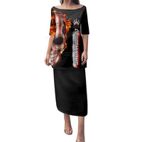 American Flag Skull Design Family Matching Puletasi and Hawaiian Shirt with Bowling Elements and Fire Background with Custom Team Name Text - Wonder Print Shop