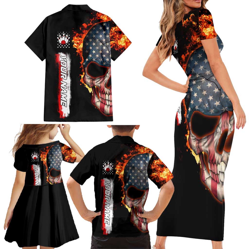 American Flag Skull Design Family Matching Short Sleeve Bodycon Dress and Hawaiian Shirt with Bowling Elements and Fire Background with Custom Team Name Text - Wonder Print Shop