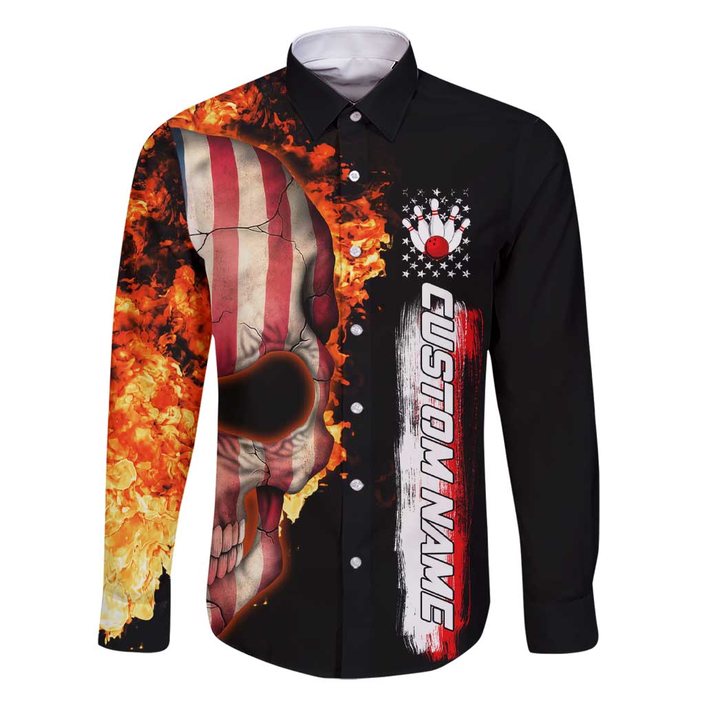 American Flag Skull Design Family Matching Short Sleeve Bodycon Dress and Hawaiian Shirt with Bowling Elements and Fire Background with Custom Team Name Text - Wonder Print Shop