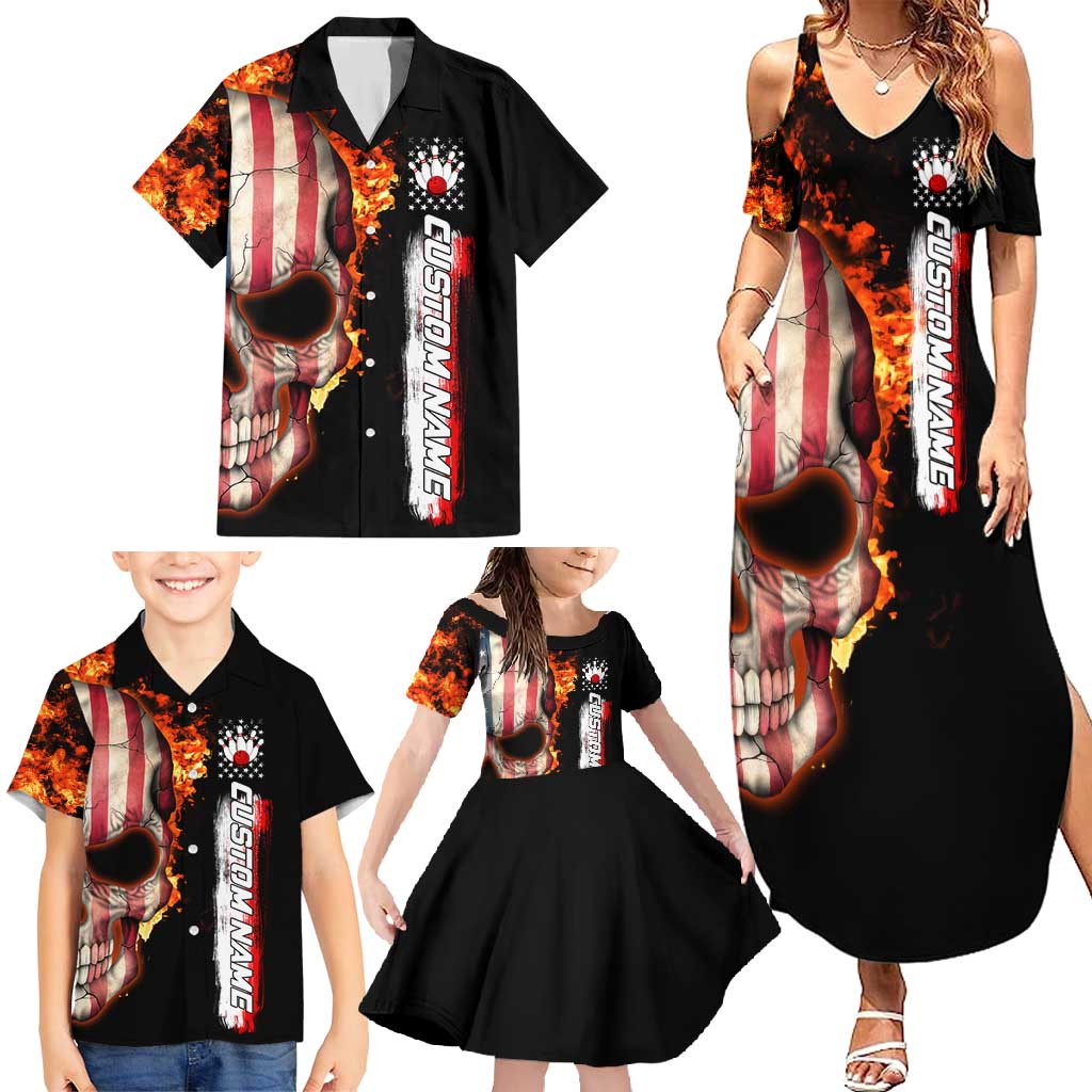 American Flag Skull Design Family Matching Summer Maxi Dress and Hawaiian Shirt with Bowling Elements and Fire Background with Custom Team Name Text - Wonder Print Shop