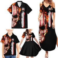 American Flag Skull Design Family Matching Summer Maxi Dress and Hawaiian Shirt with Bowling Elements and Fire Background with Custom Team Name Text - Wonder Print Shop