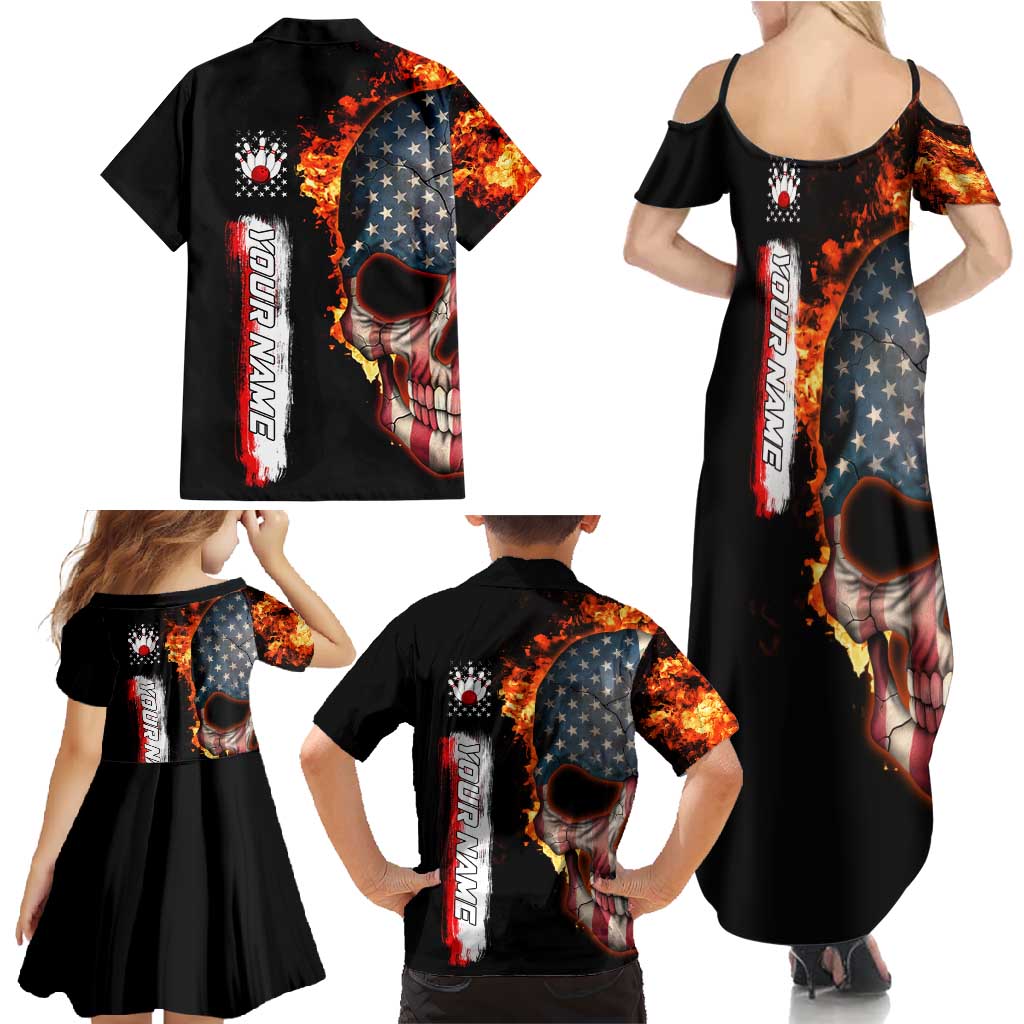 American Flag Skull Design Family Matching Summer Maxi Dress and Hawaiian Shirt with Bowling Elements and Fire Background with Custom Team Name Text - Wonder Print Shop