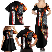 American Flag Skull Design Family Matching Summer Maxi Dress and Hawaiian Shirt with Bowling Elements and Fire Background with Custom Team Name Text - Wonder Print Shop