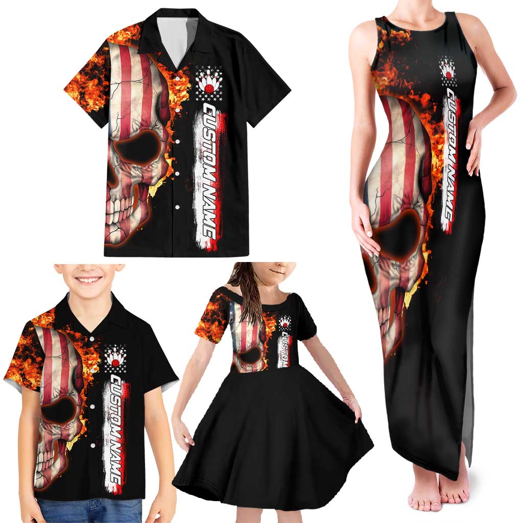 American Flag Skull Design Family Matching Tank Maxi Dress and Hawaiian Shirt with Bowling Elements and Fire Background with Custom Team Name Text - Wonder Print Shop