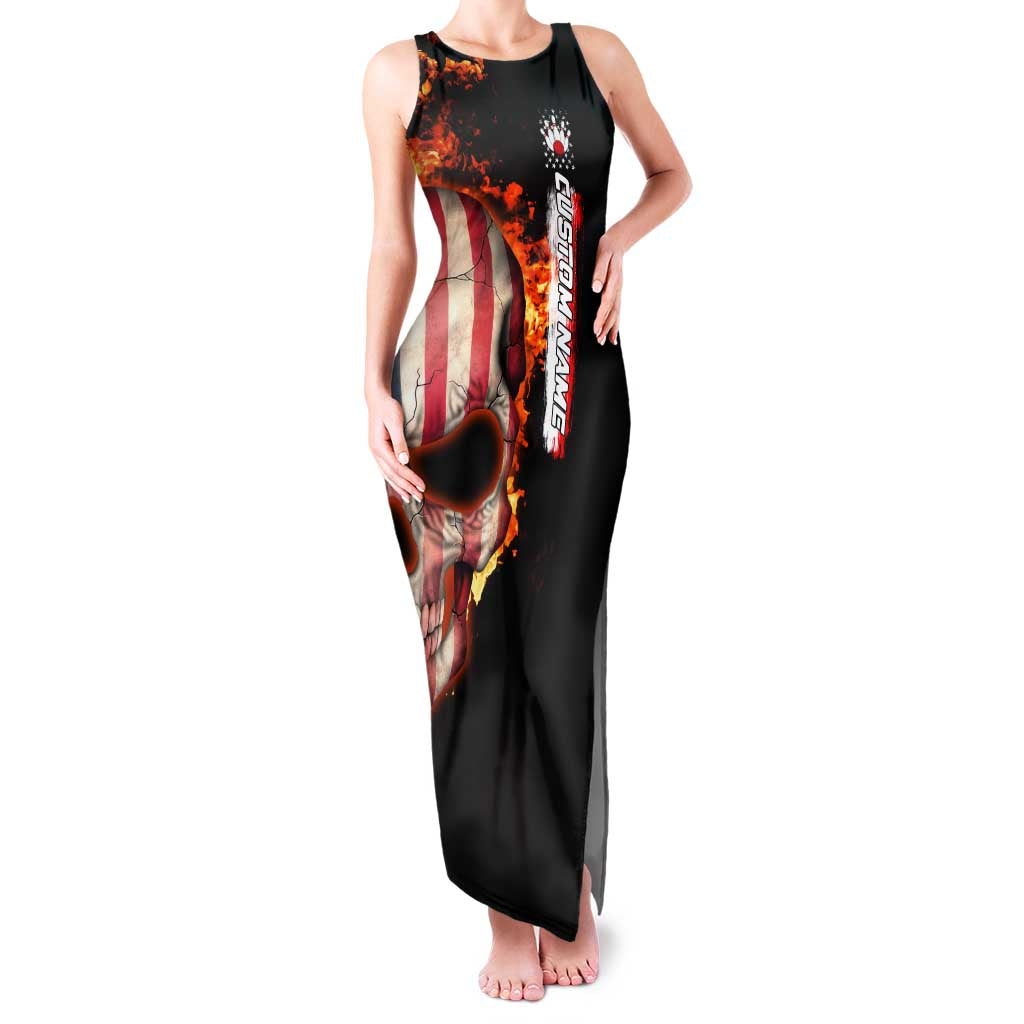 American Flag Skull Design Family Matching Tank Maxi Dress and Hawaiian Shirt with Bowling Elements and Fire Background with Custom Team Name Text - Wonder Print Shop