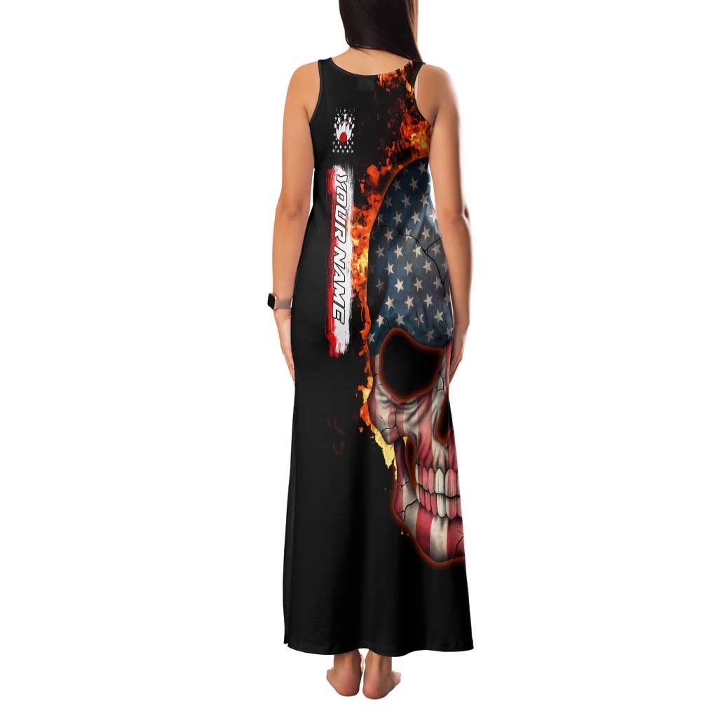 American Flag Skull Design Family Matching Tank Maxi Dress and Hawaiian Shirt with Bowling Elements and Fire Background with Custom Team Name Text - Wonder Print Shop