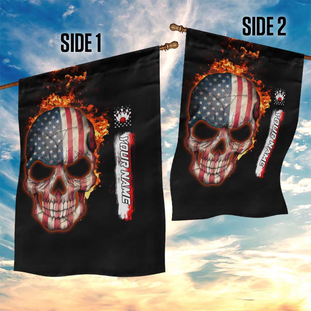 American Flag Skull Design Garden Flag with Bowling Elements and Fire Background with Custom Team Name Text - Wonder Print Shop
