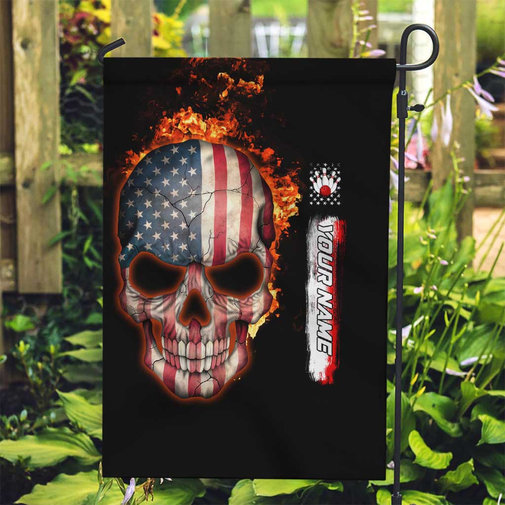 American Flag Skull Design Garden Flag with Bowling Elements and Fire Background with Custom Team Name Text - Wonder Print Shop